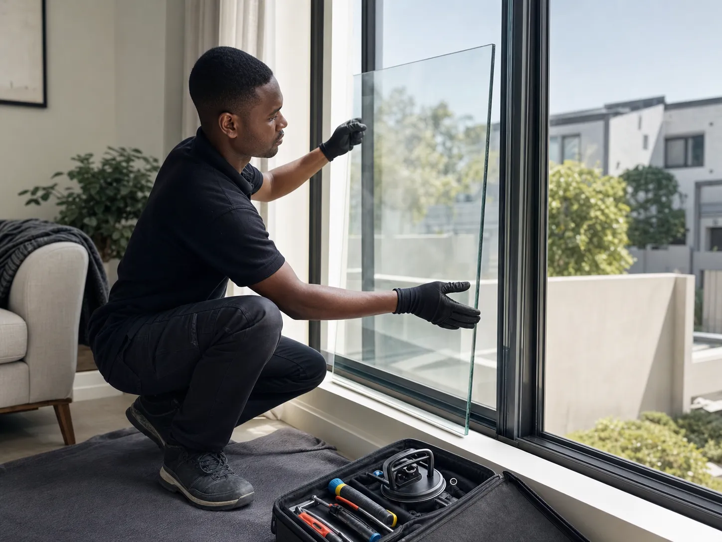 glass repair technician replacing a broken window pane