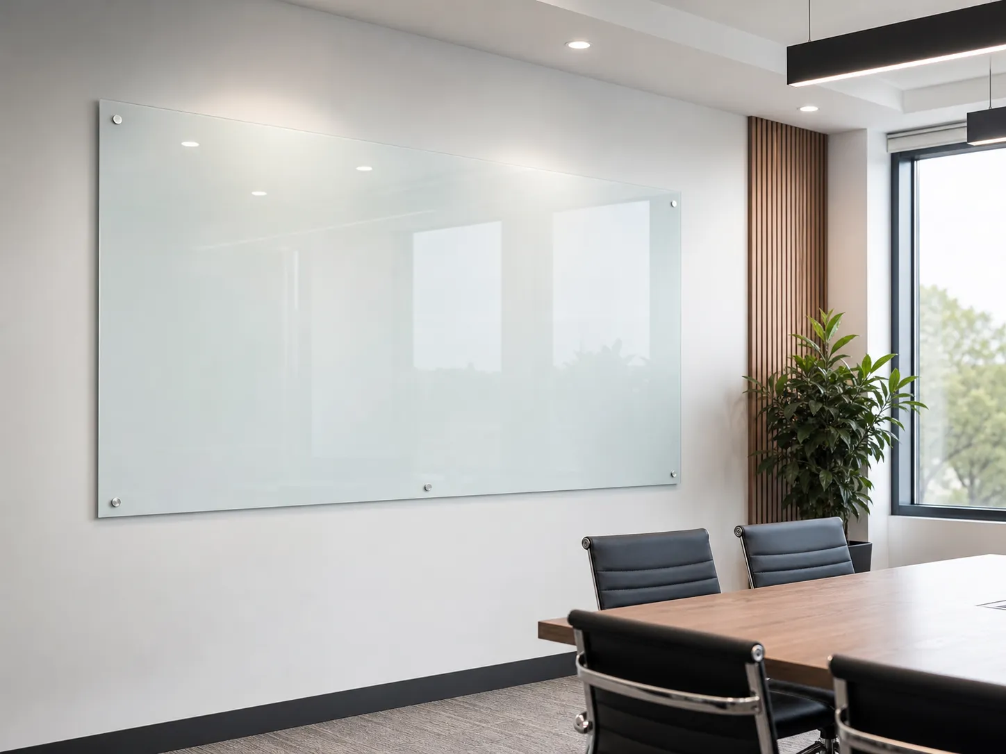 wall-mounted glass whiteboard in an office meeting room
